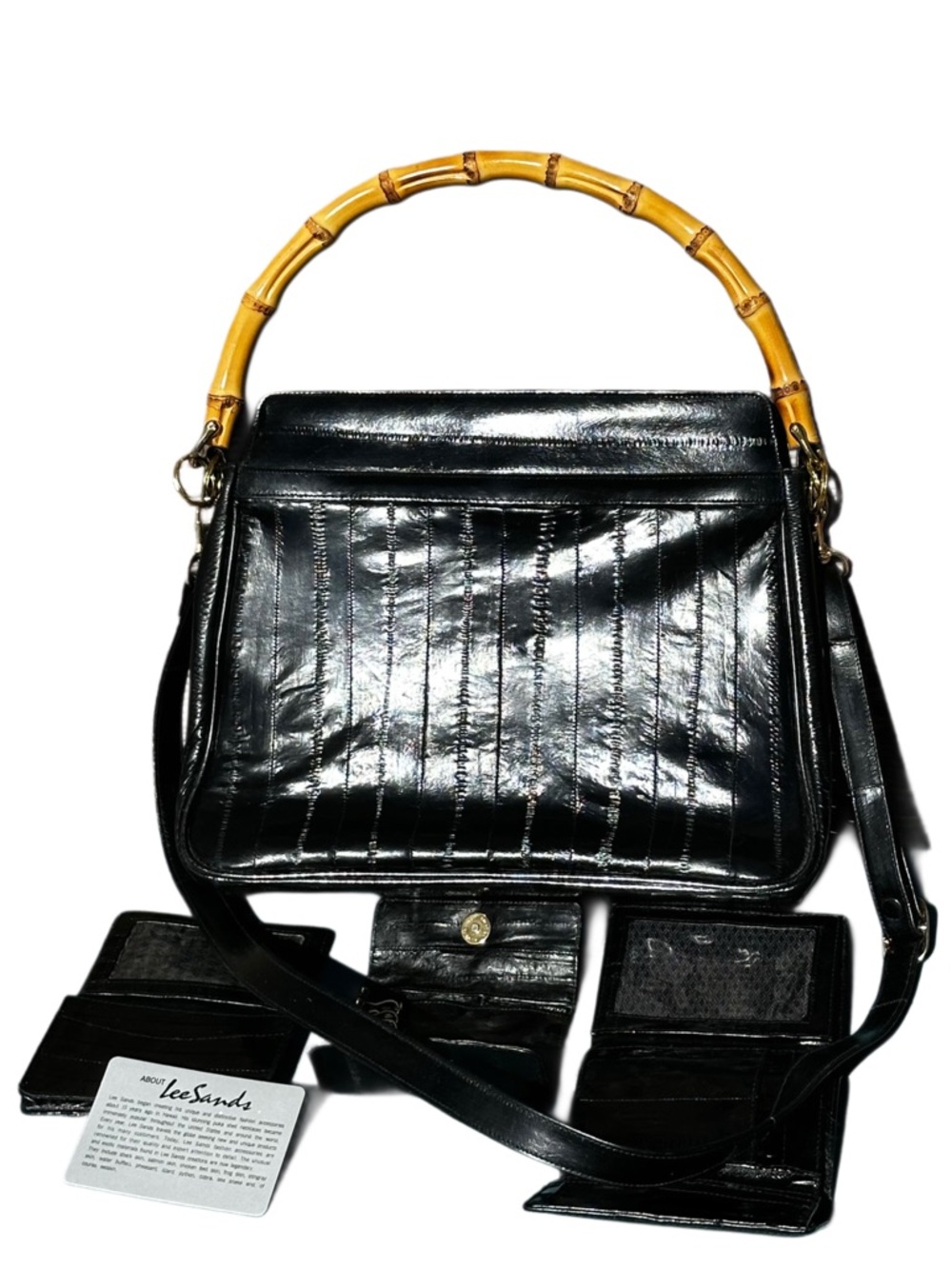 EEL SKIN 4 Piece Set Black Shoulder Bag Bamboo Top Handle wallet ID key holder